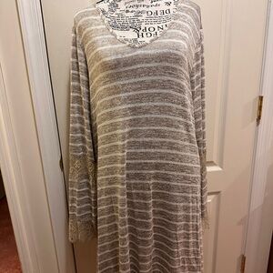 Tunic Style Tan w/ White Stripes Blouse Top w/ lace sleeve hem